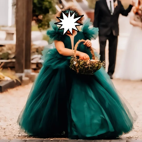 green emerald velvet dress Off Shoulder Glitter Tulle Flower Girl Dress by Cinderella Couture USA AS9130 Hunter Green / 8 main image 0